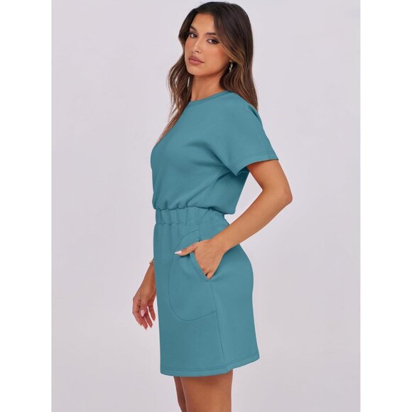 Anrabess Women Teal Crew Neck Elastic Waist Mini T Shirt Dress With Pocket - Picture 4 of 6